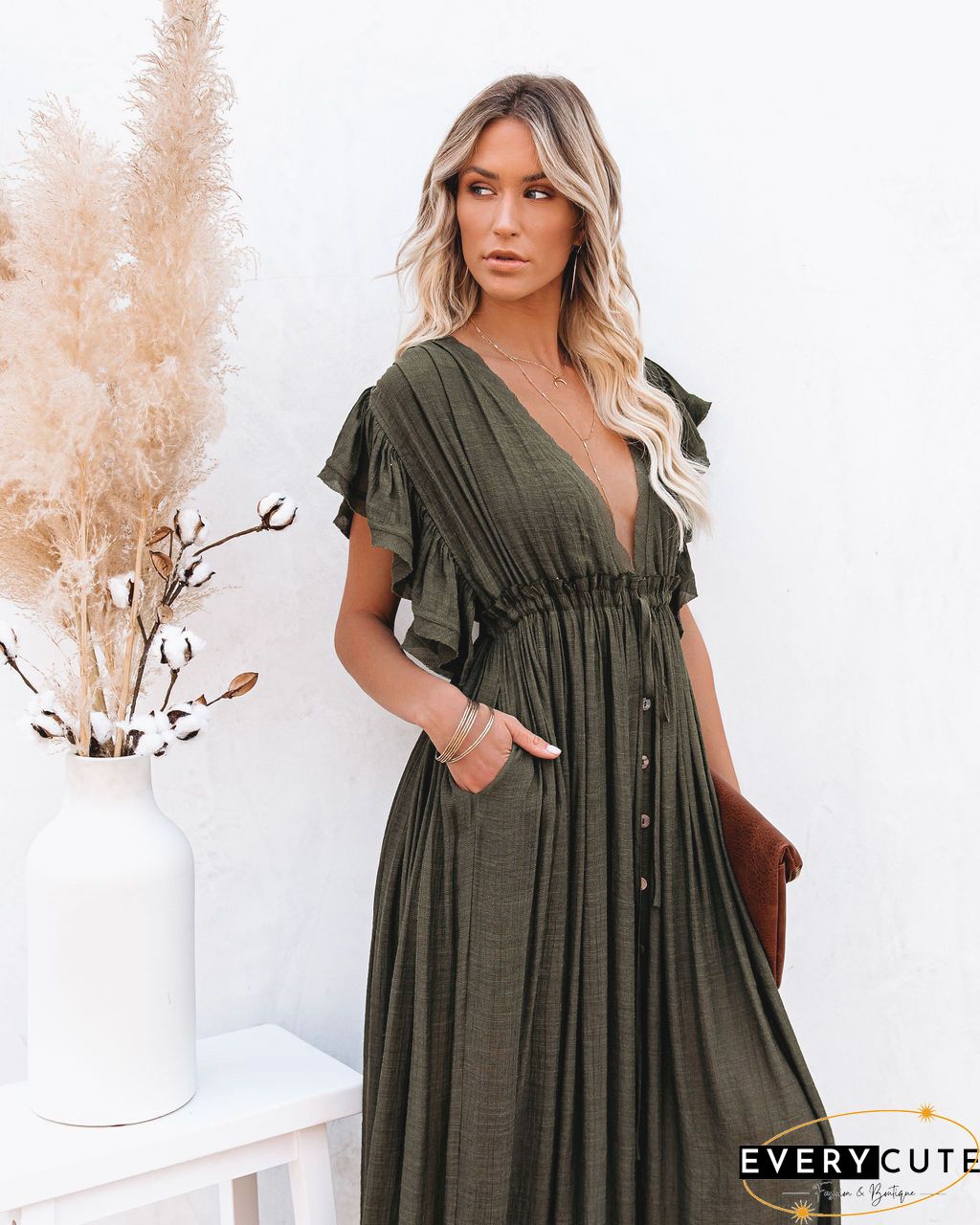 Off Shoulder Hem Split Ruffle Maxi Dress