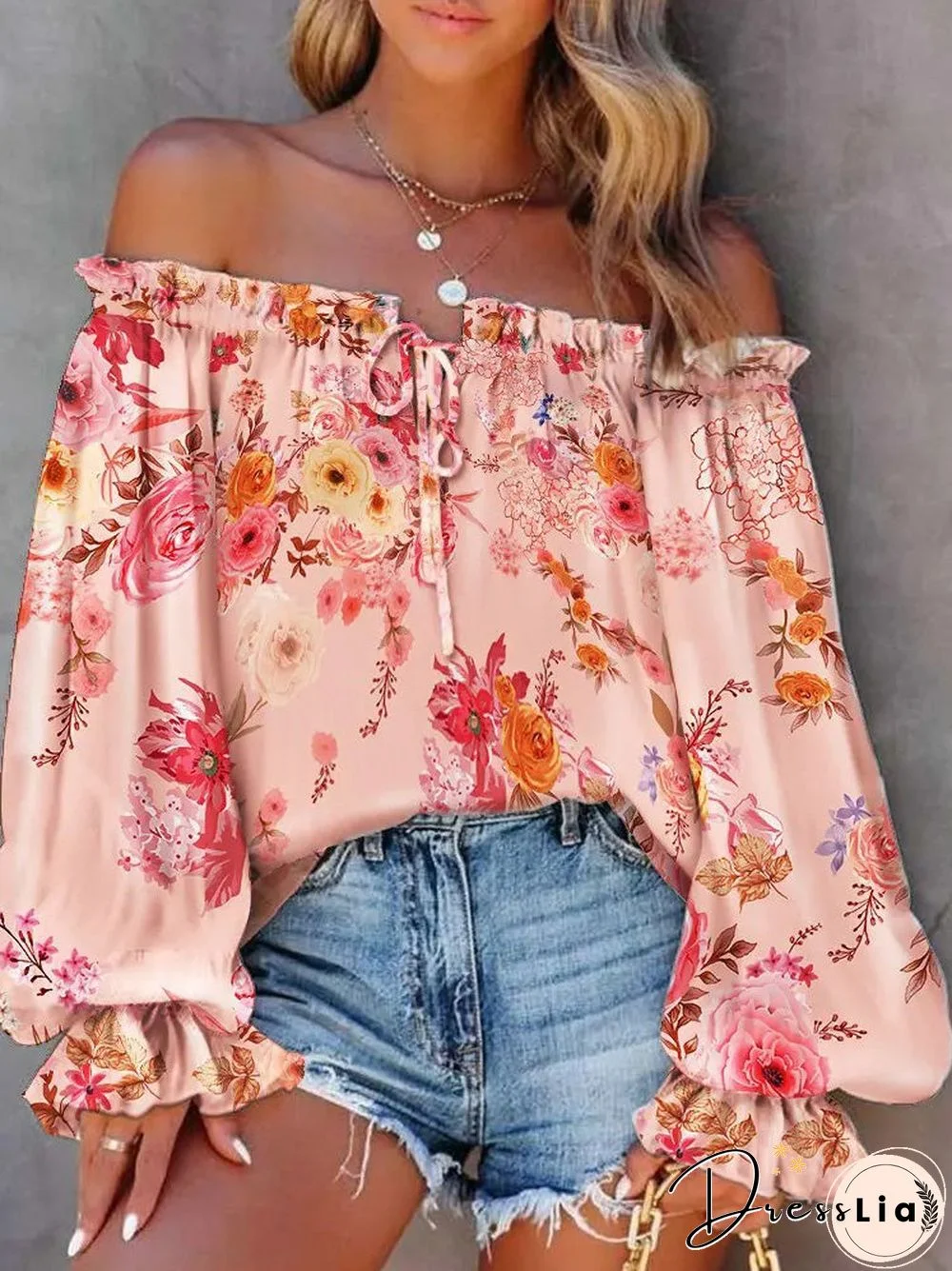 Women'S Blouses One-Shoulder Flared Sleeve Lace Up Blouses