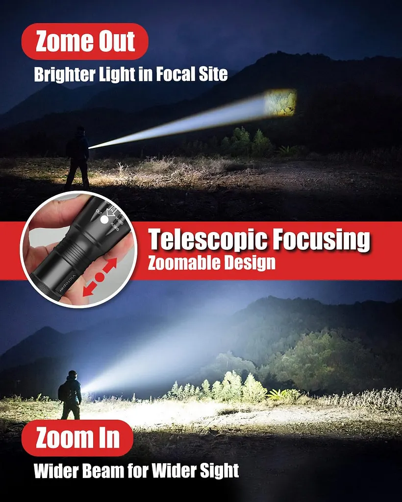 army gear 1000 lumen viper rechargeable tactical flashlight 2-pack LED High Lumens, Mini LED Flashlight 2 Pack, 5 Modes Zoomable Beam, Battery Powered (Batteries Not Included) for Camping, Hunting, Home & Emergency, Compact Small LED Flashlight Victoper VT-FLV1000 2 Pack Tactical