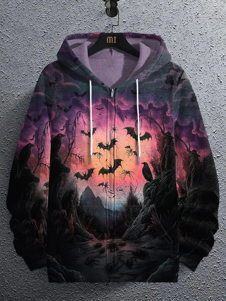Men's Dark Forest Sunset Bat Crow Art Hooded Zip Up Jacket