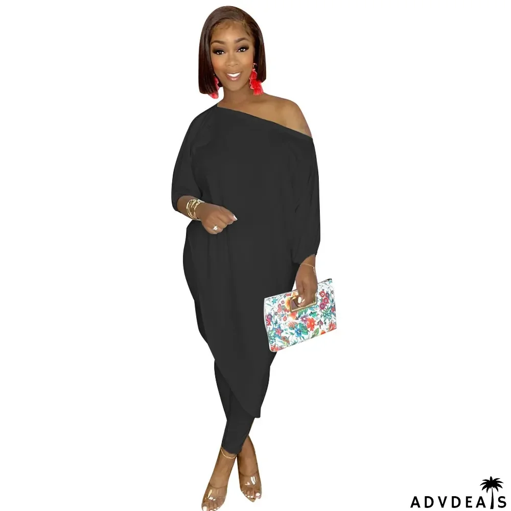 Women's Fashion Casual Loose Plus Size Slash Shoulder Pant Two Piece