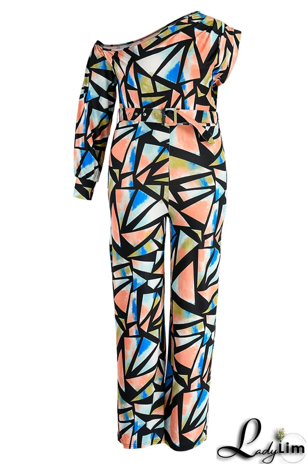 Blue Casual Print Split Joint Oblique Collar Plus Size Jumpsuits