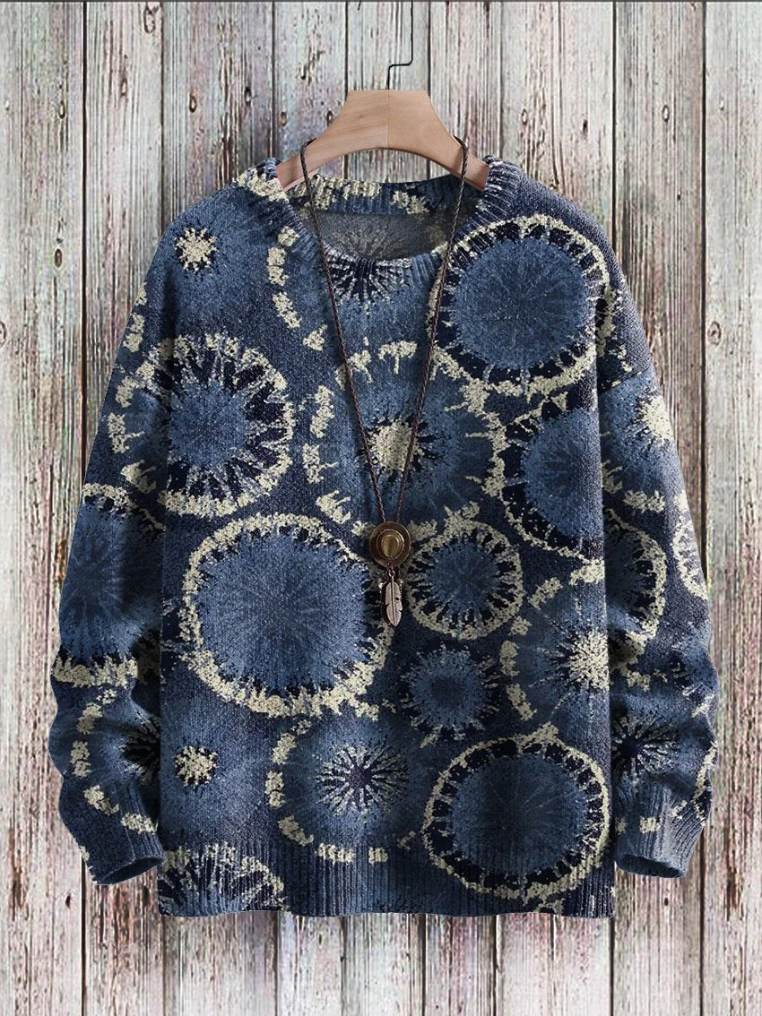 Vintage Blue Circle Pattern Geometry Art Casual Print Pullover Knitted Sweater