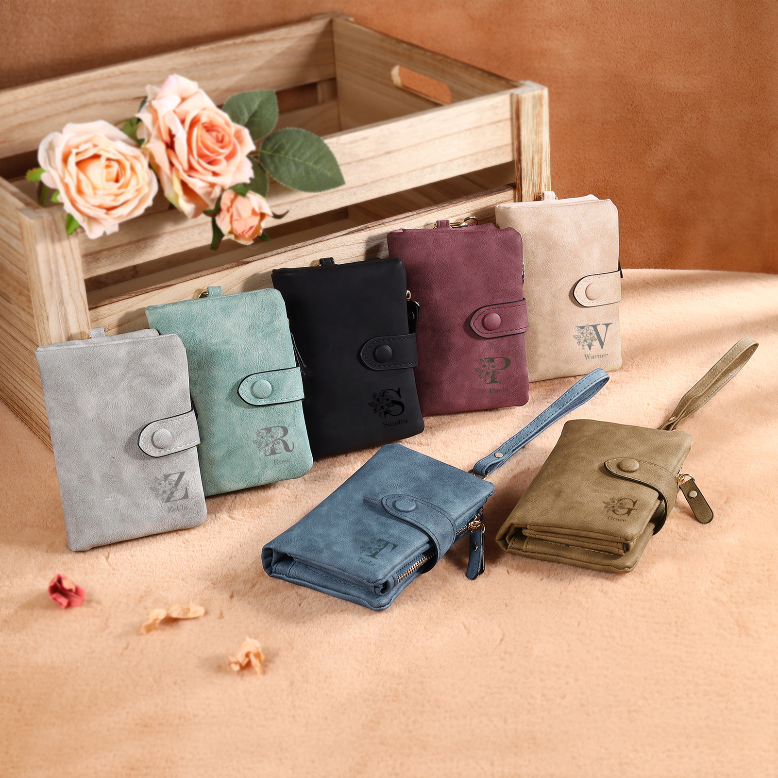 Portafoglio in PU pelle albero di vita con 6 letetre & 1 testo & 1 nome personalizzati per mamma/nonna