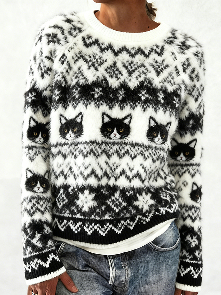 Retro Cat Tiffany Argyle Knit Black And White Crew Neck Sweater elevenforest