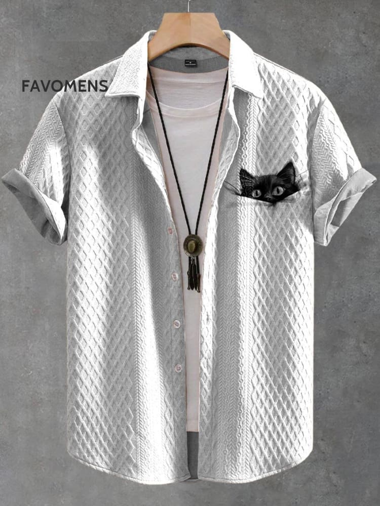 Pocket Black Cat Print Casual Jacquard Shirt Multicolor / S