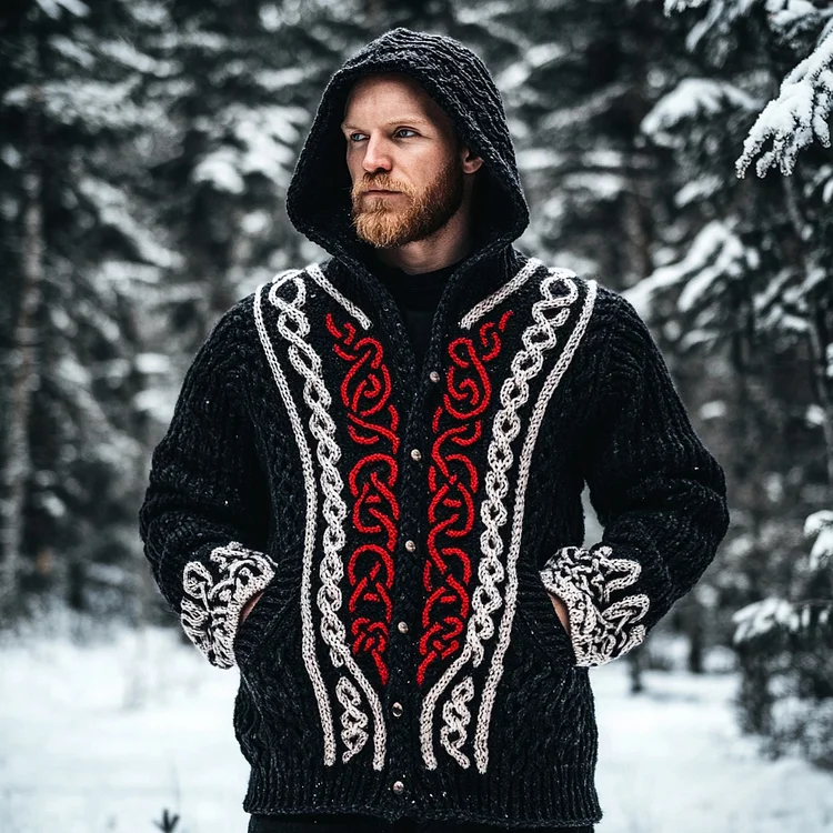 Men's Viking Celtic Knot Jacquard Contrast Hooded Button Sweater
