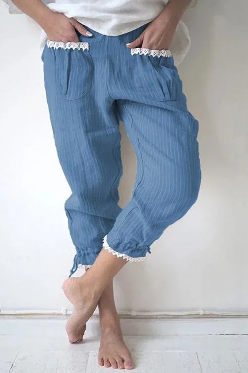 Lace Hem Drawstring Stripe Pants