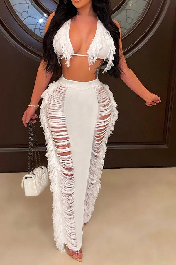 Solid Color Ripped On-trend Tassel Dress Suit