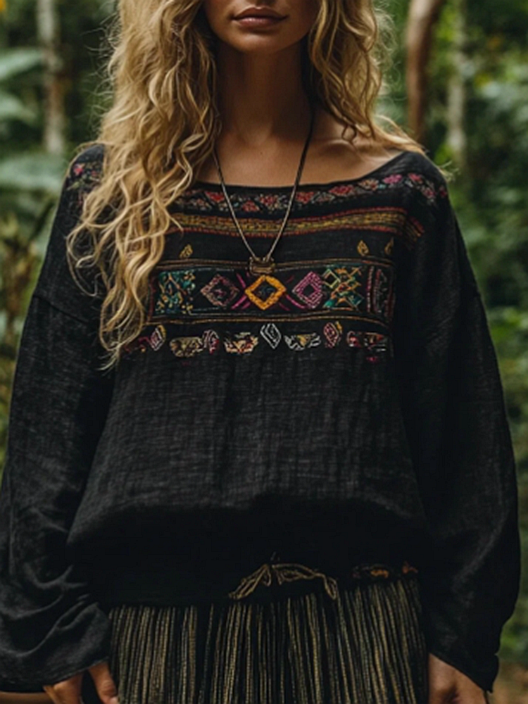 Bohemian Vacation Vintage Linen Print Casual Long Sleeved Top