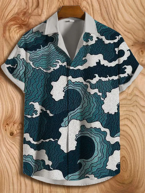 Men's Ocean Wave Painting Art Print Lapel Collar Short Sleeve Shirt