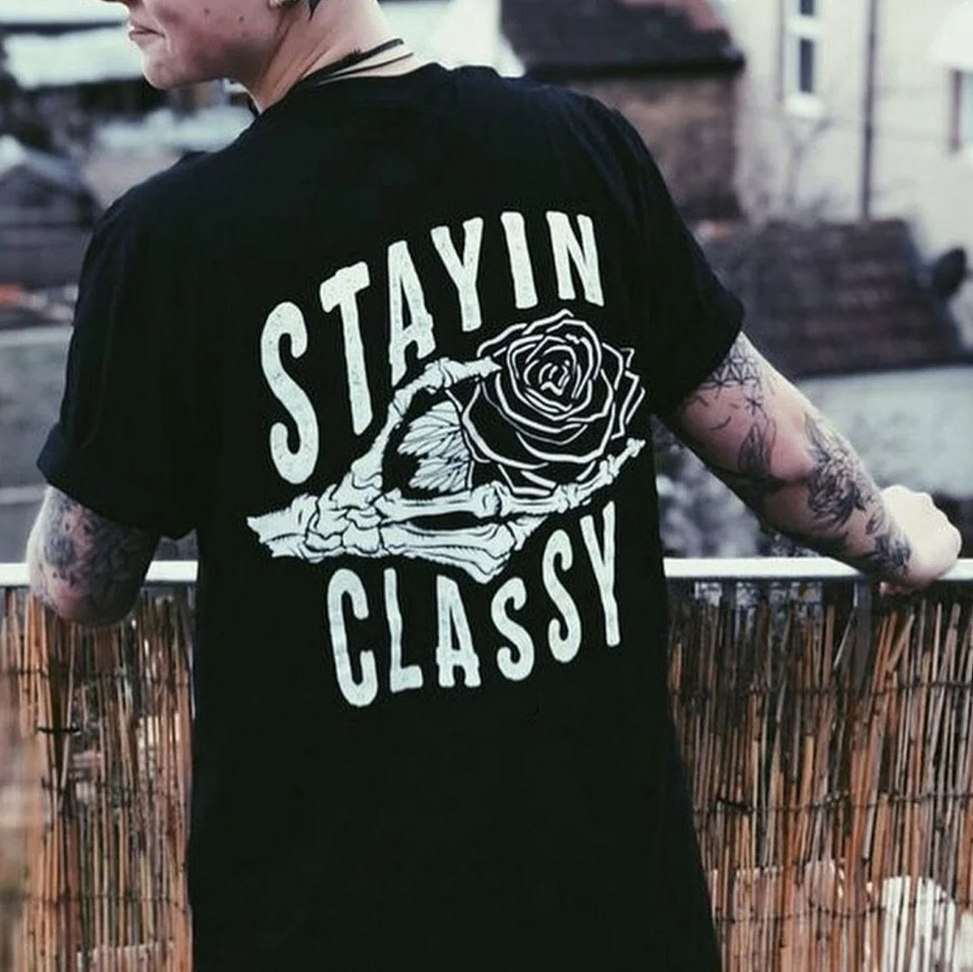 STAYIN CLASSY Rose in Hand Casual Graphic Black Print T-shirt