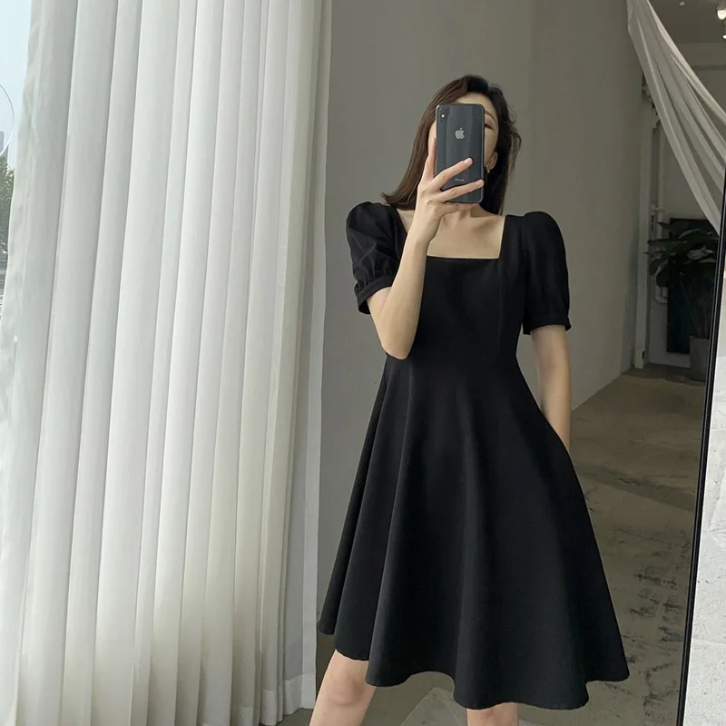 Uveng Uveng Summer New Retro Hepburn Wind Little Black Dress Fat Sister Waist Show Thin Square Collar Dress Women's Wear