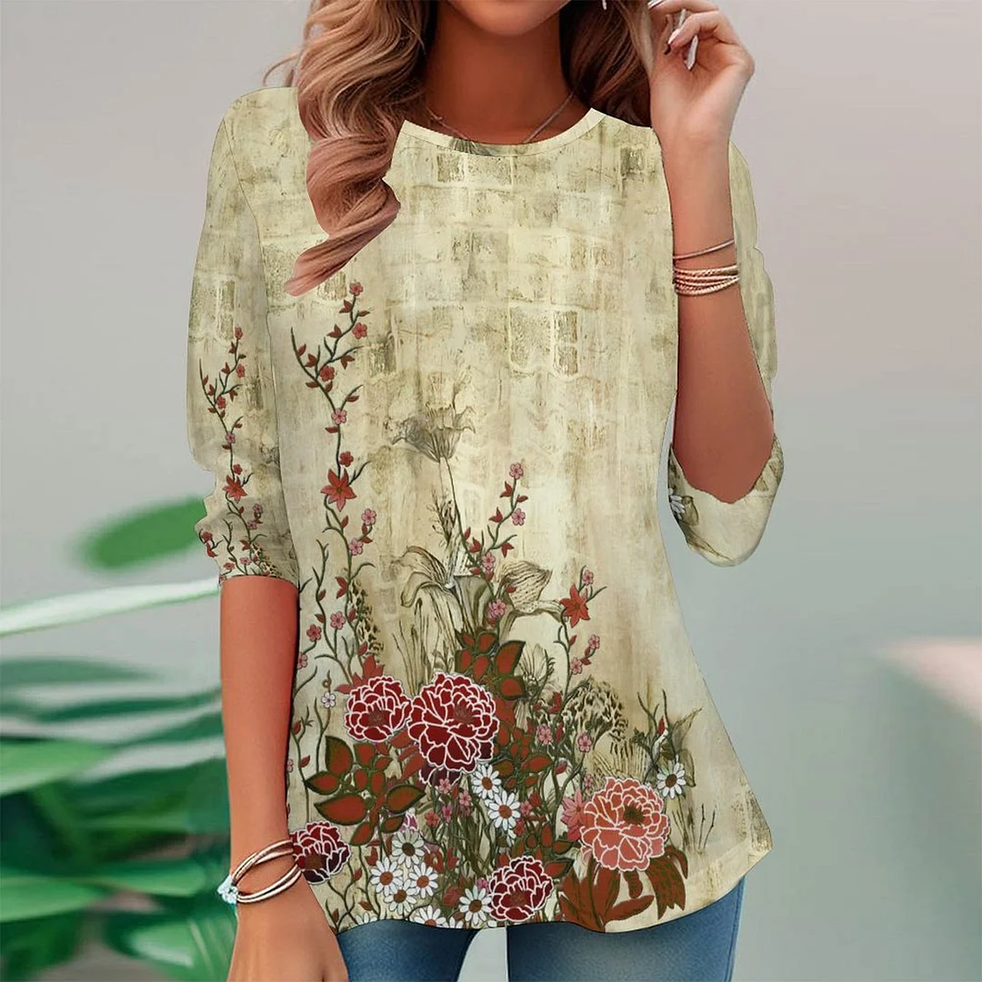 Vintage Printed Long Sleeve Plus Size Tunic for  Women and Men Unisex Pattern Floral,Red,Beige,Gray