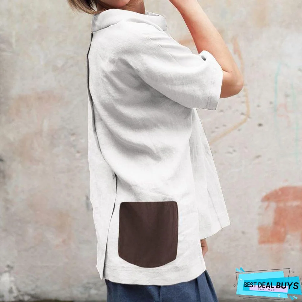 Oversized Vintage Cotton Tops Women Blouses Short Sleeve Buttons Casual Shirts Pockets Loose Tops