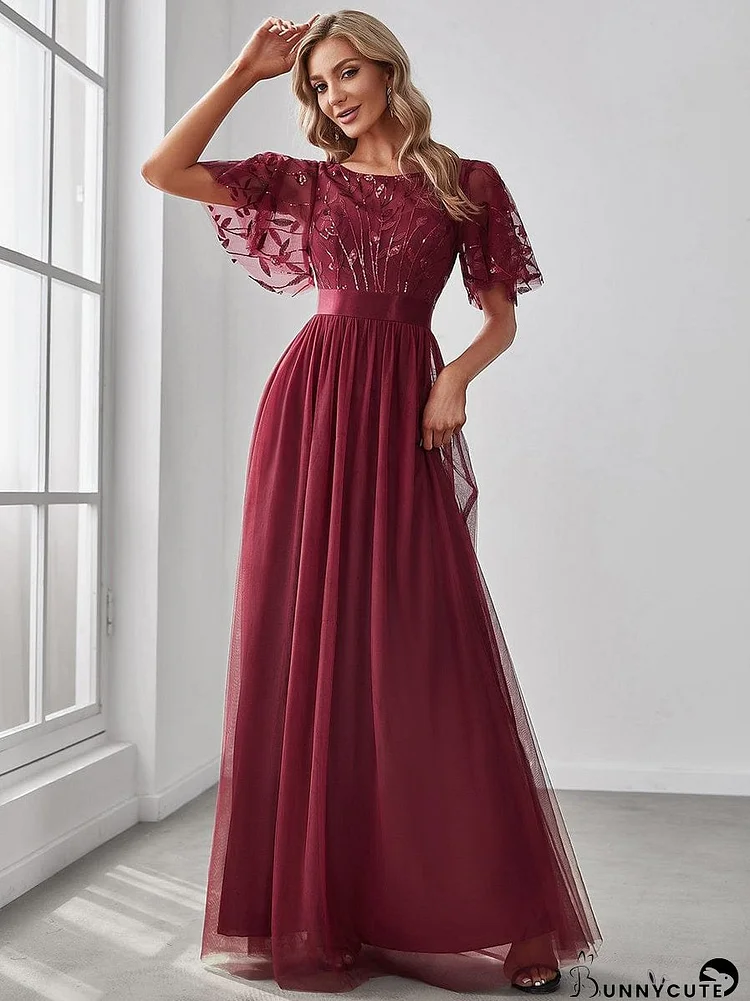 Shimmering Sequin Printed Cap Sleeve Evening Gown