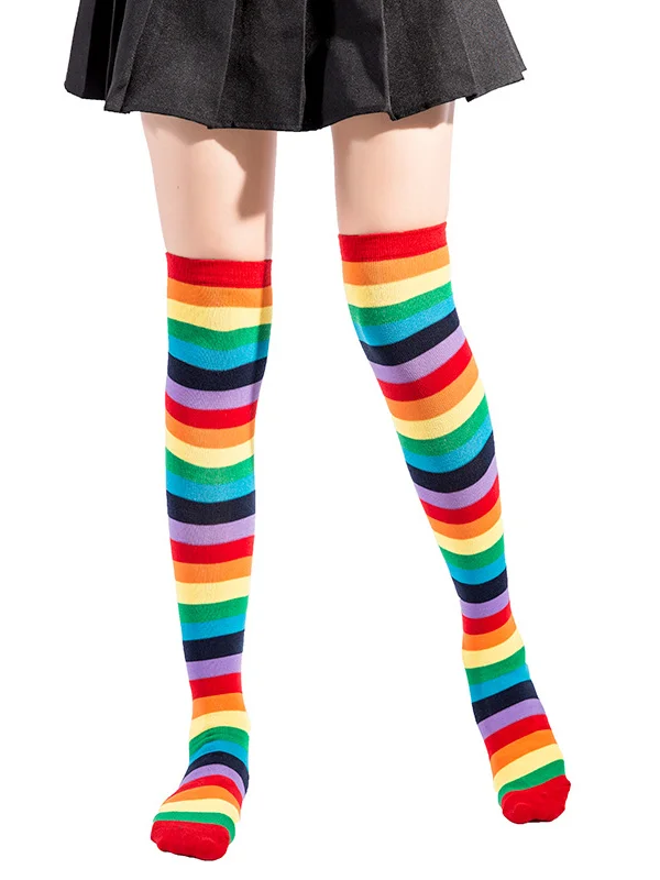 Y2K Sweet Girl Rainbow Color Block Stripes Elastic Stocking