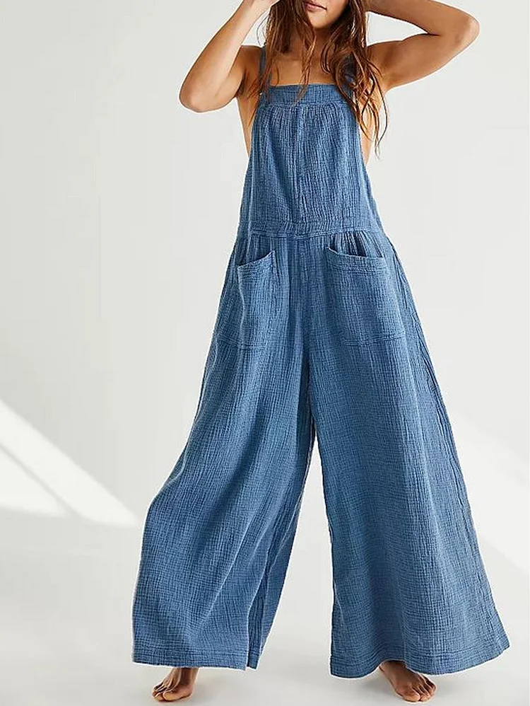 Daily Pockets Square Neck Sleeveless Wide Leg Jumpsuit