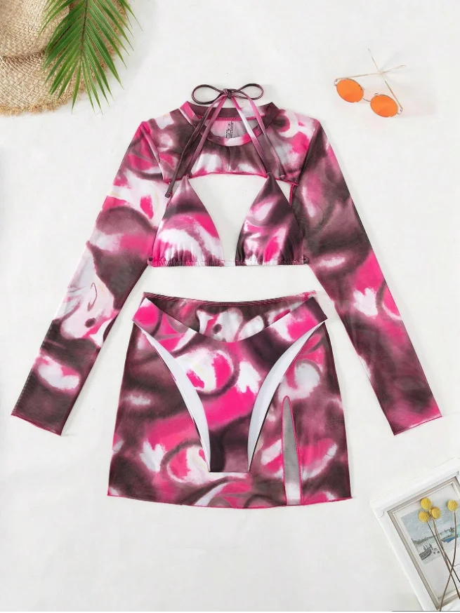 Uveng 2025 New Bikin Bikin Tie Dye Four-Piece Split Swimsuit Woman