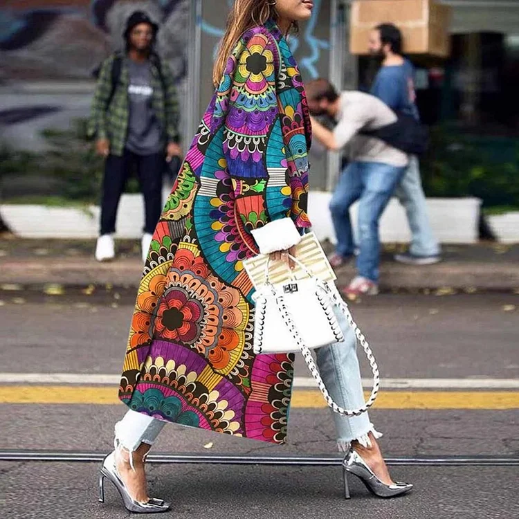 Long Double-Breasted Coat Printed Loose Coat