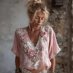 Vintage Boho Pink Rose Embroidery Art V Neck Linen T Shirt - Image 2