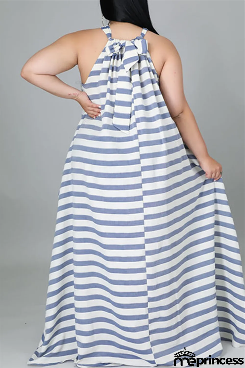 Light Blue Fashion Casual Plus Size Striped Print Backless O Neck Sleeveless Dress