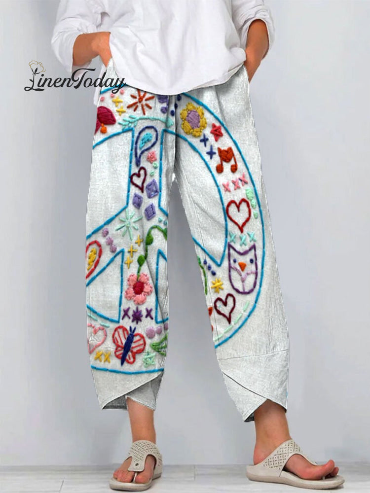 Women’s Vintage Peace Art Print Cotton And Linen Casual Pants Multicolor / S