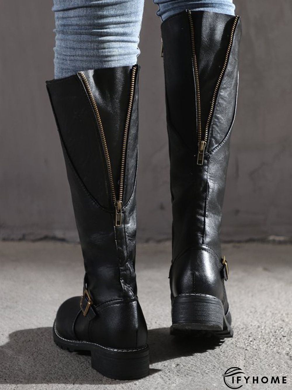 Vintage Round Toe Buckle Tall Boots Chunky Heel Riding Boots | IFYHOME