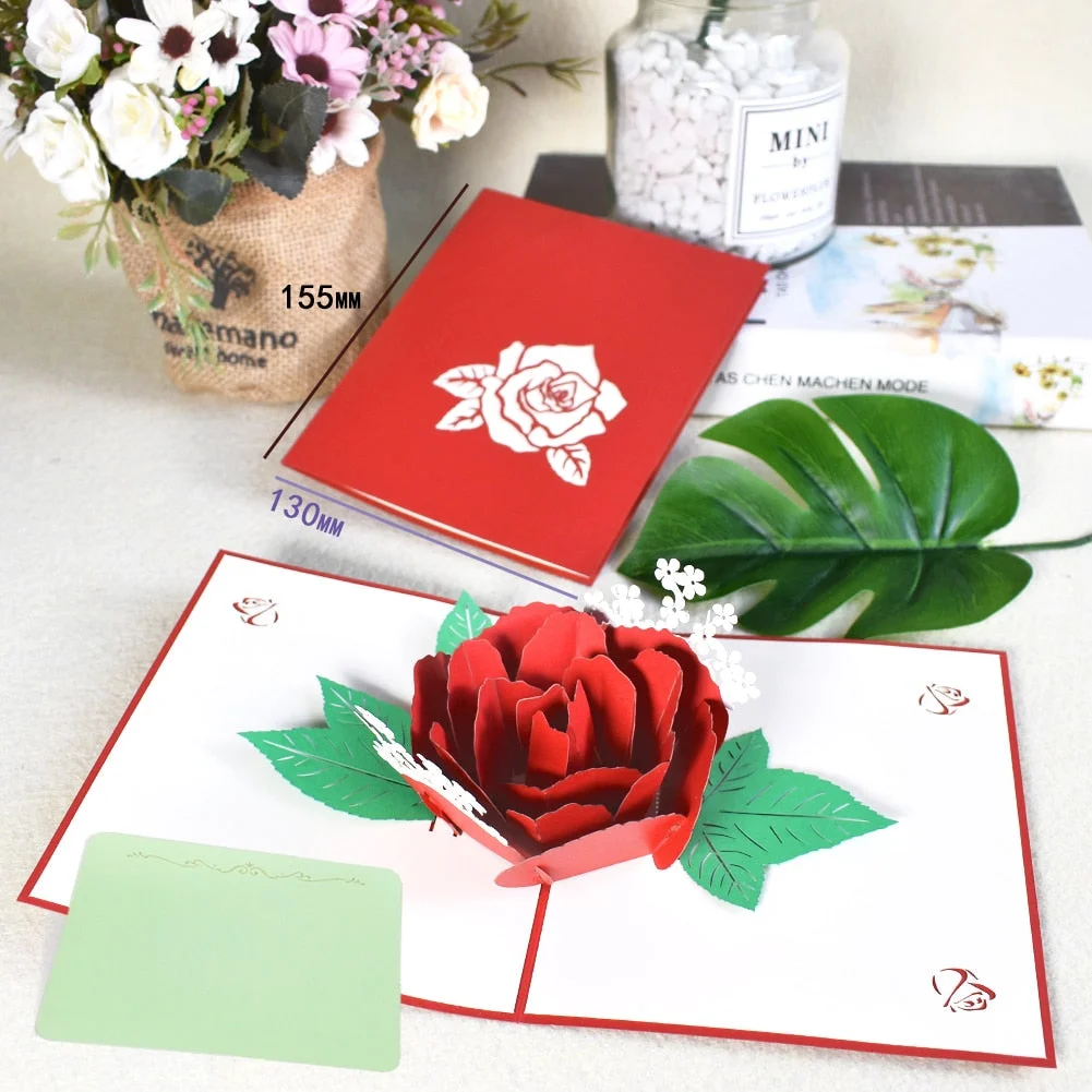 10 Pack 3D Rose Flower Pop-Up Card for Valentines Mothers Day Anniversary Wife Birthday Greeting Cards Wholesale