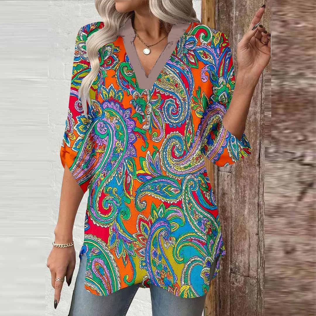 Women Oil Painting, Pepper Sly Flower, Colorful DZGA0475 3/4 Sleeve V-neck Printed Graphic Button Tops