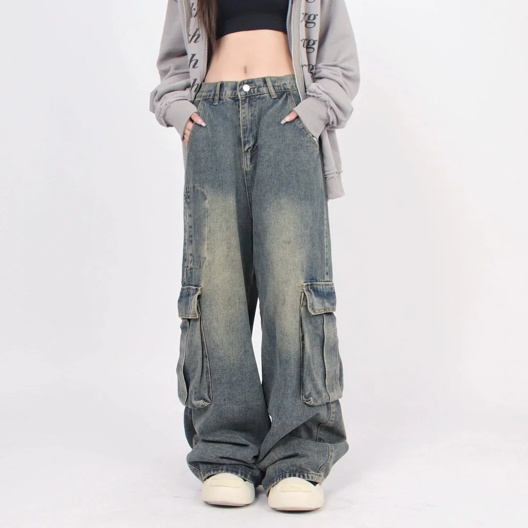 Zingj Zingj Old Vintage Washed Jeans For Versatile And Versatile High Street Pocket-Down Casual Cargo Pants