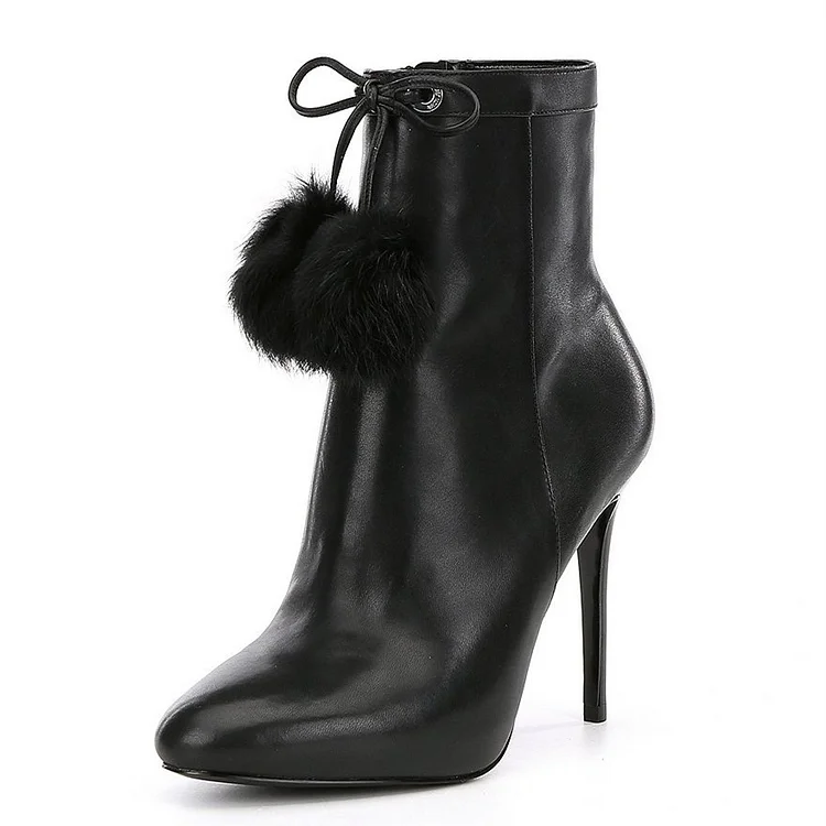 Black Stiletto Heels Fur Ball Pointy Toe Ankle Boots |FSJ Shoes