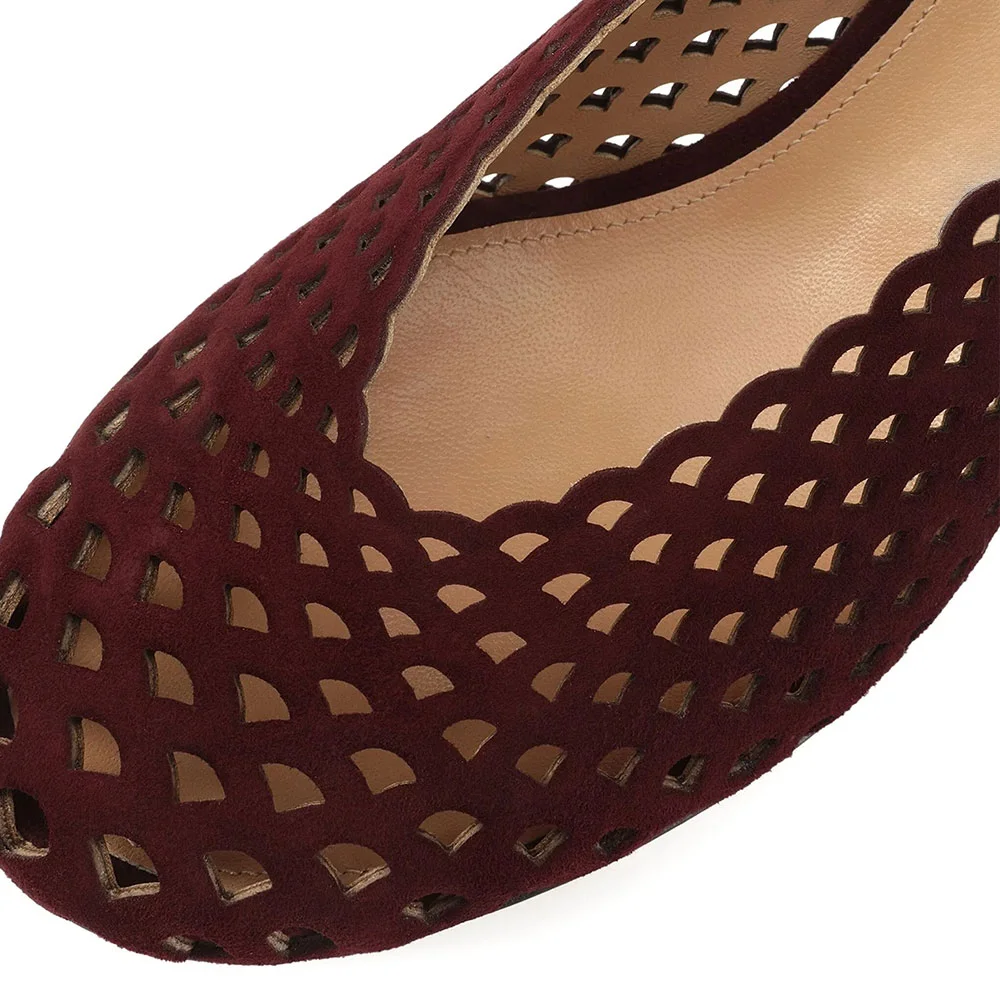 Women's Maroon Round Toe Slip On Hollow-Out Kitten Heel Pumps