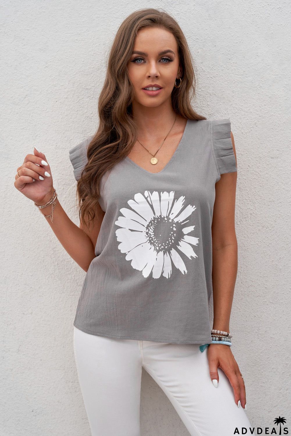 V-Neck Daisy Print Casual Tank Top