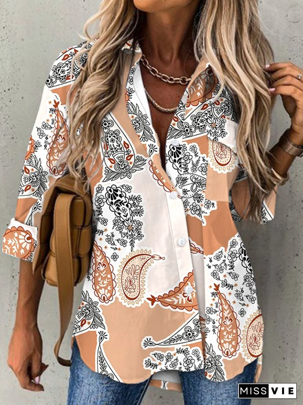 Casual Printed Shirt Collar Long Sleeve Blouse