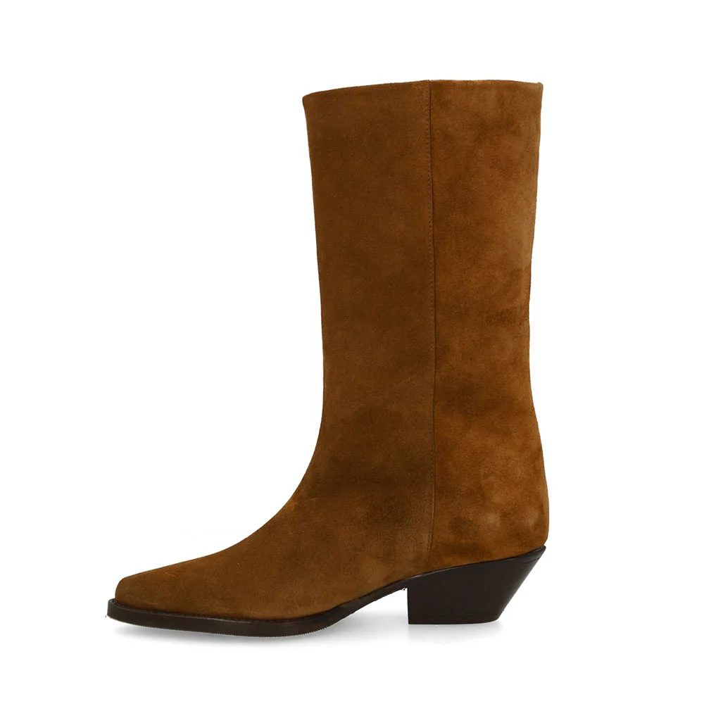 Brown Pointed Toe Mid Calf Women's Western Boots with Fringe