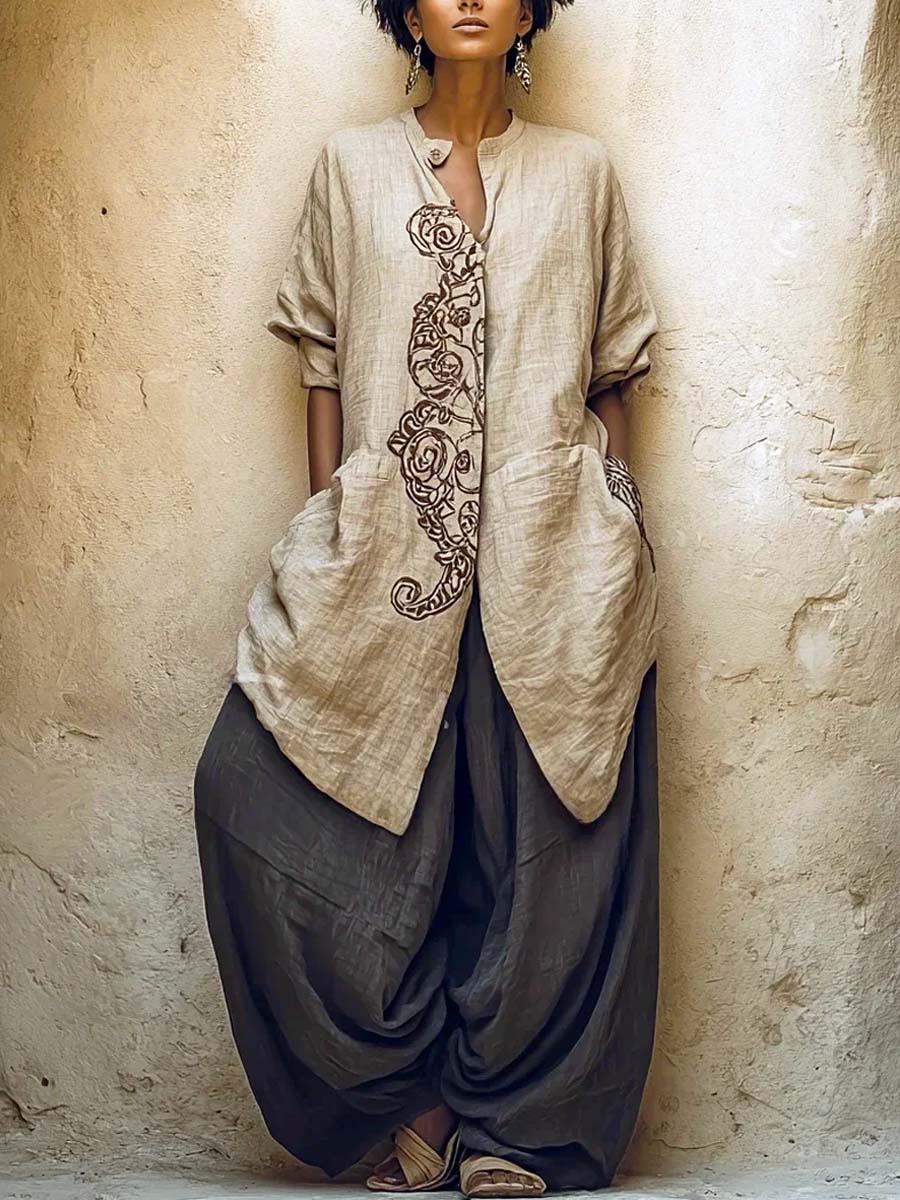 Women's Ethnic Stylish Casual Cotton And Linen Long Cardigan And Pants Two-piece Set