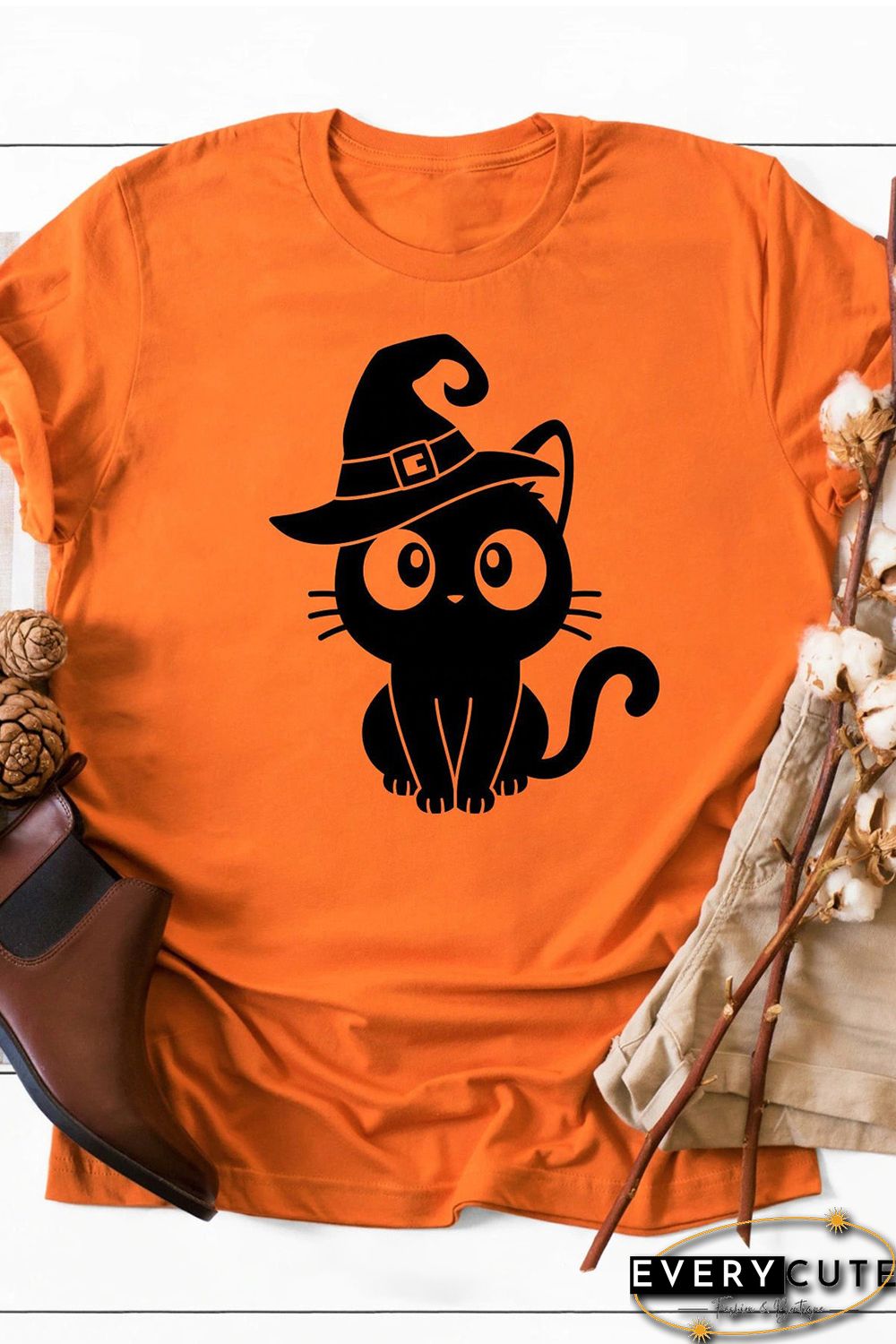Orange Black Cat Graphic Print Short Sleeve T Shirt