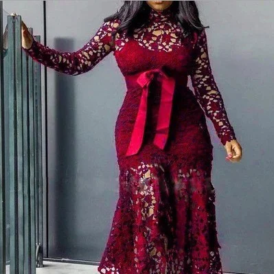 Uveng Uveng New Women's Lace Lace Hollow Long Sleeve Tie 5 Color Irregular Dress