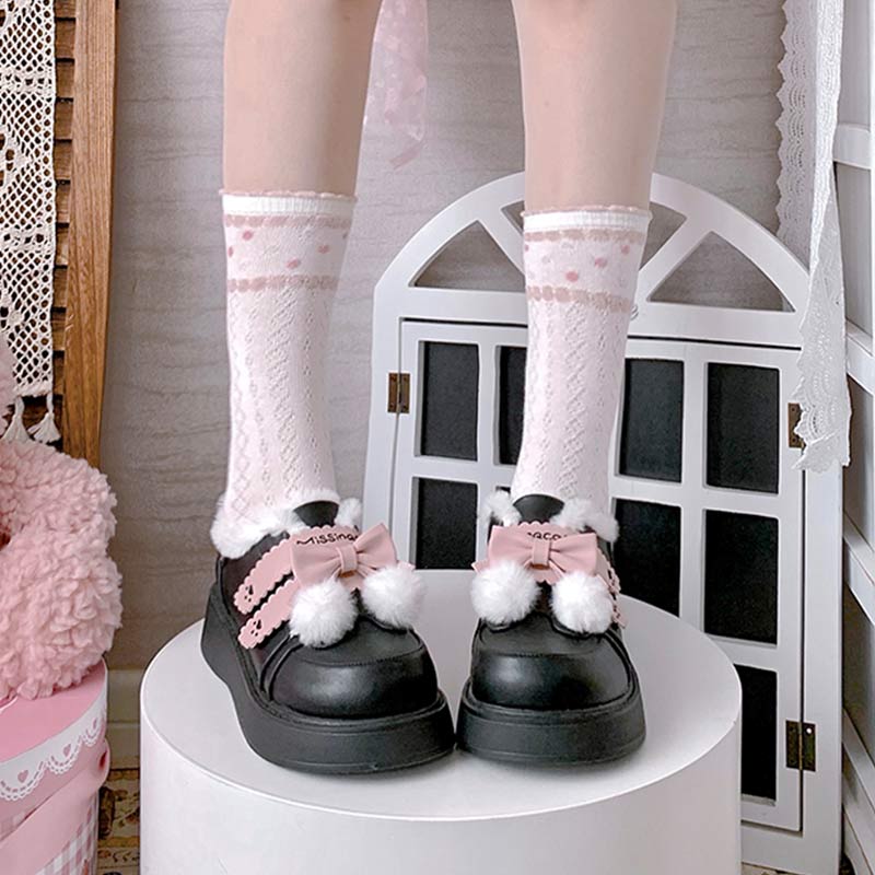 Platform Bow Knot Plush Lolita Mary Janes Shoes - Modakawa Modakawa