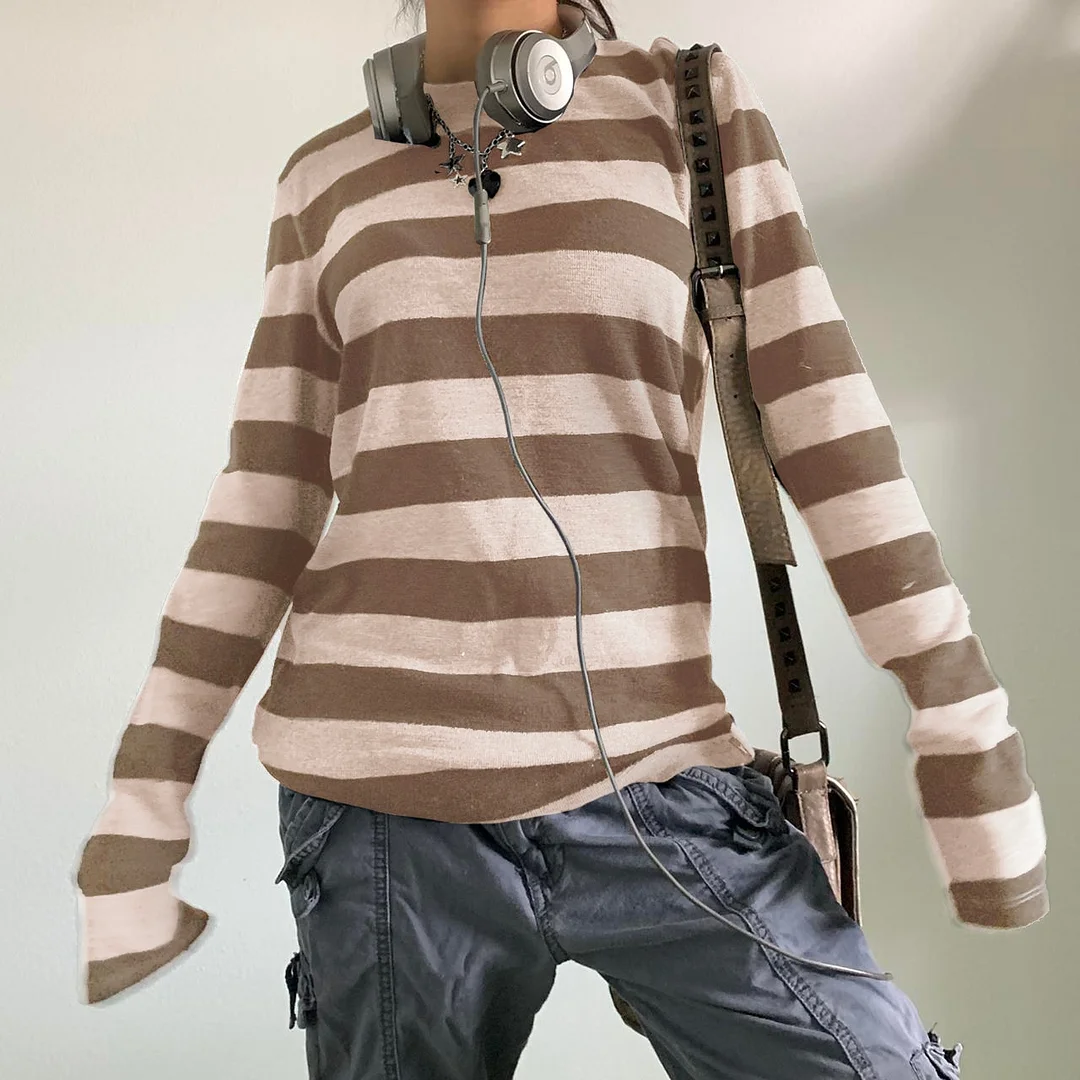 Back To School Outfits Women Fairy Grunge Knit Basic Shirt Autumn Y2K Grey Black Striped Long Sleeve Round Neck Tops Emo Tee