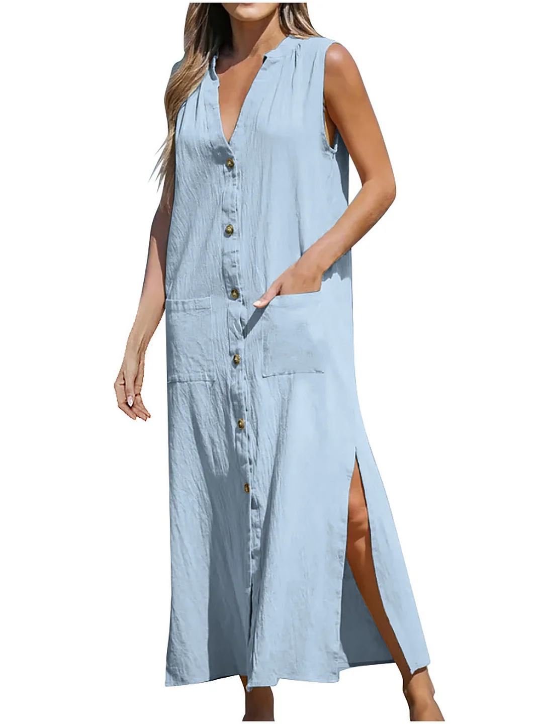 Women's Sleeveless V-neck Solid Color Buttons Pockets Maxi Dress