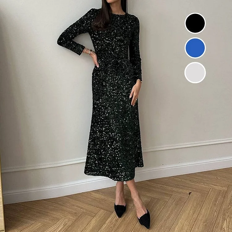 Women's Glittery One-Piece Dress with Round Neckline