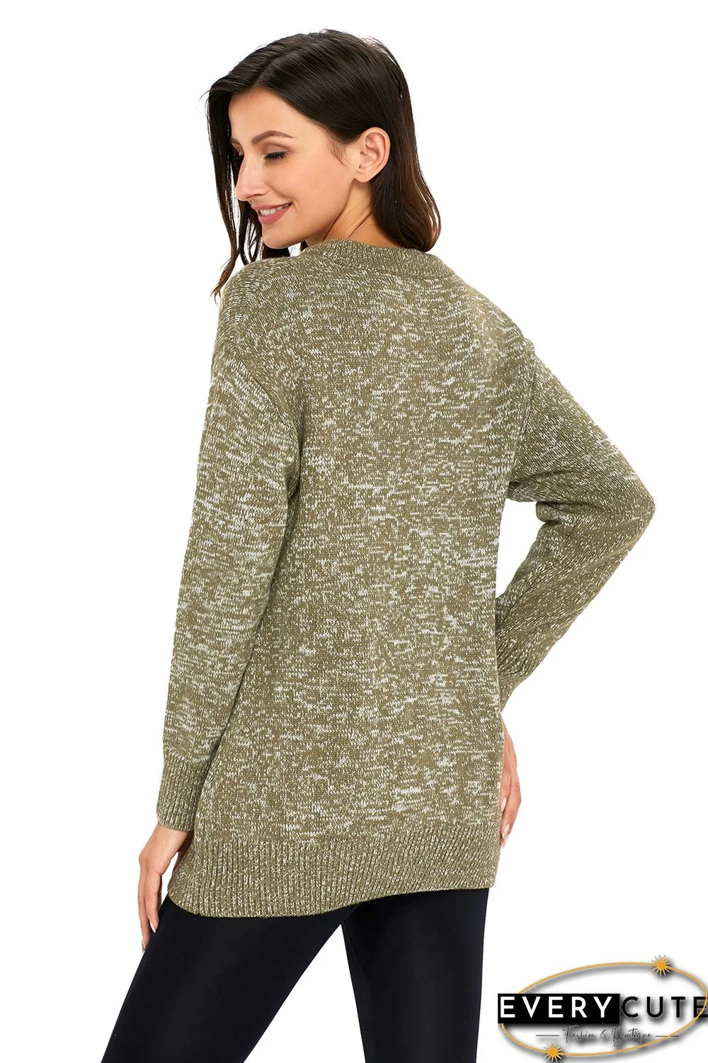 Olive Chic Long Sleeve Sweater with Lace up Neckline