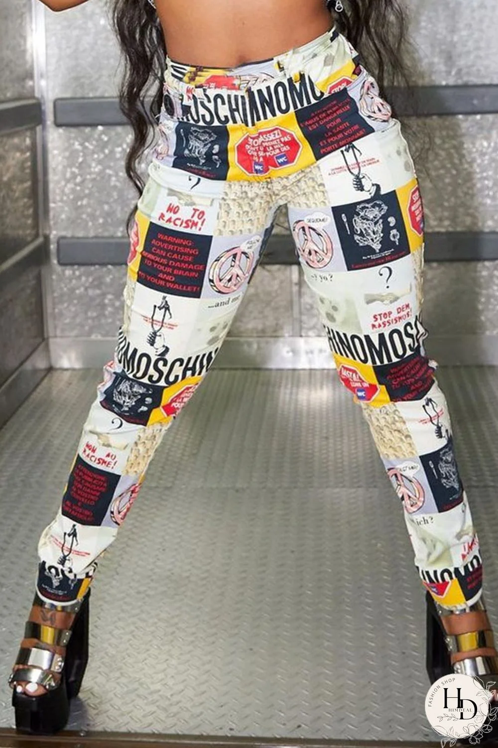 Multicolor Casual Street Print Graffiti Skinny High Waist Pencil Full Print Bottoms