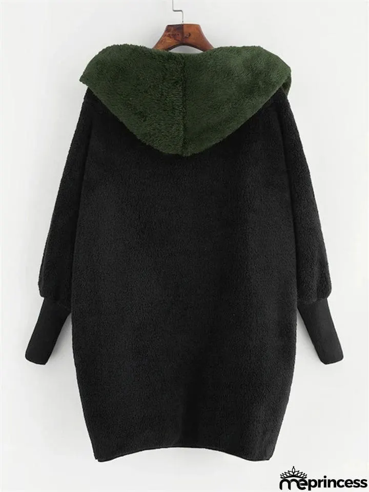 Fluffy Contrast Color Long Sleeve Hoodies