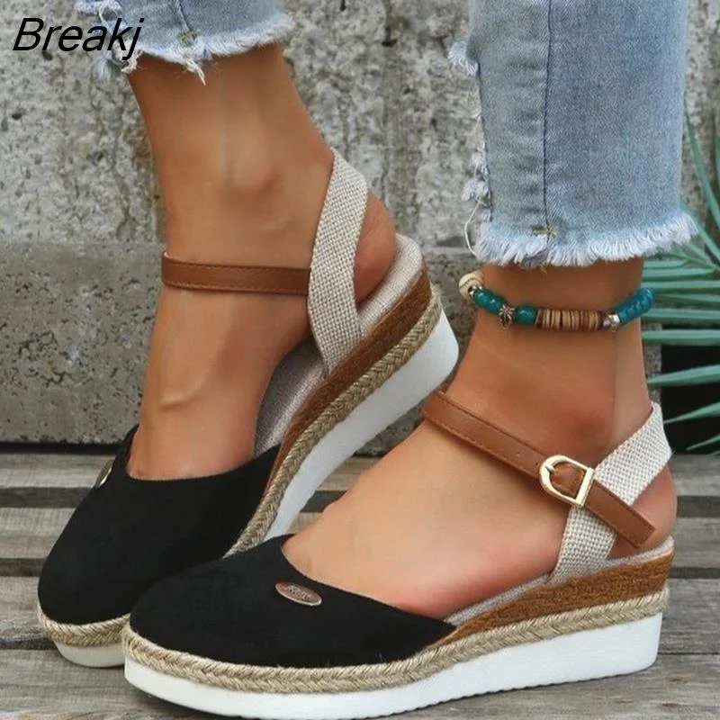 Breakj Summer Women Linen Plain 6cm Wedge Sandals Bohemian Handmade Ladies Casual Comfortable Espadrilles Platform Pumps Shoes