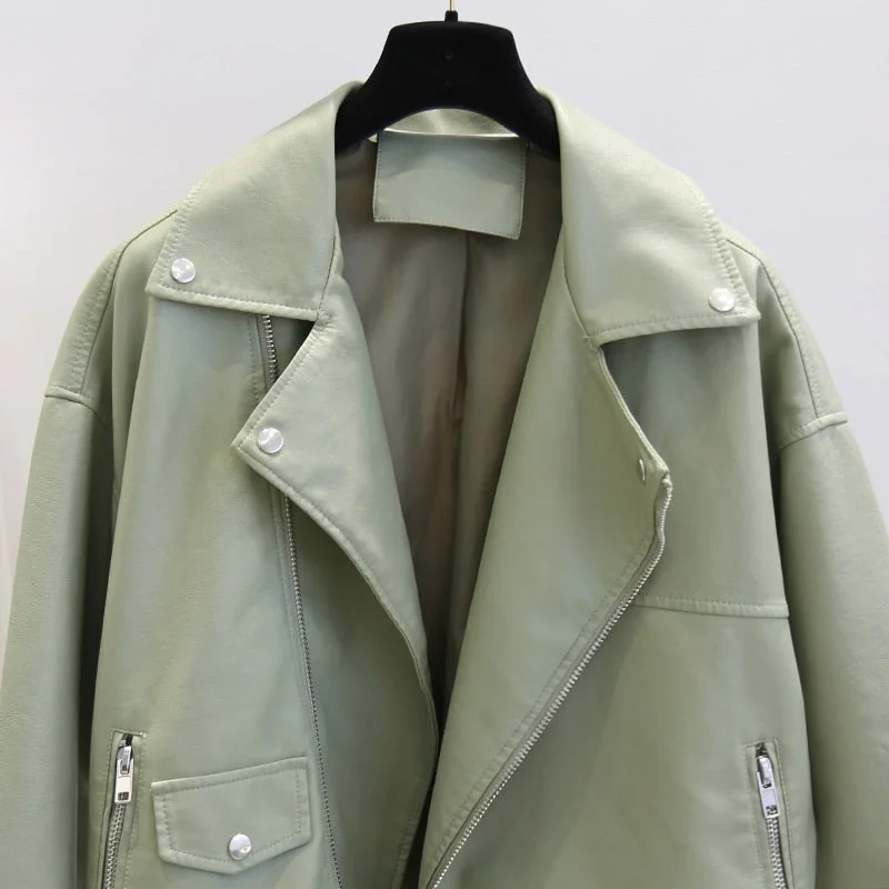 FTLZZ New Spring Faux Leather Pu Jacket Women Loose BF Coat Female Turndown Collar Moto Biker Rivet Zipper Vintage Street Jacket