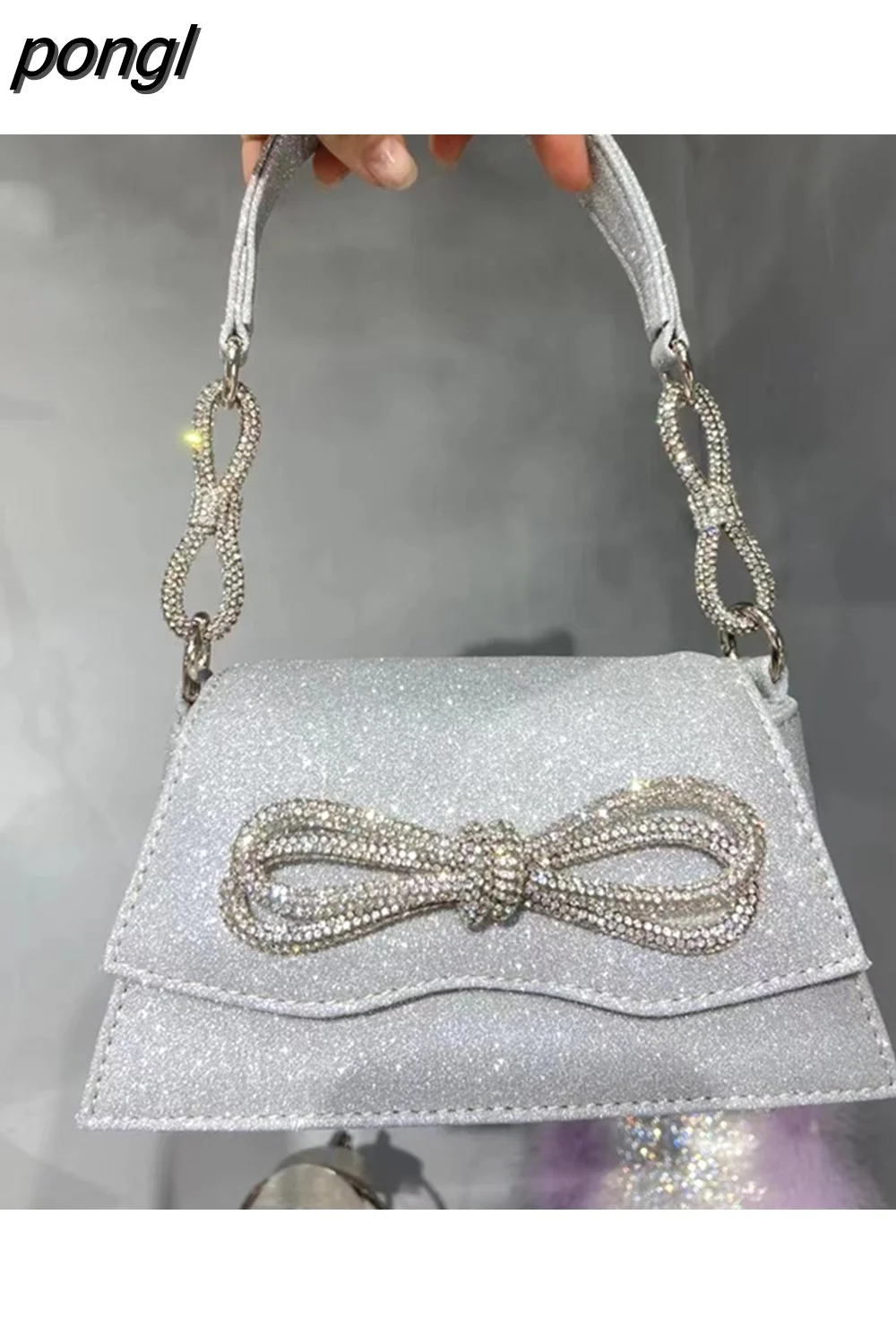 pongl Diamonds Bow Women Handbags Designer Satin Shoulder Crossbody Bags Luxury Shinny Evening Bag Elegant Party Small Purses