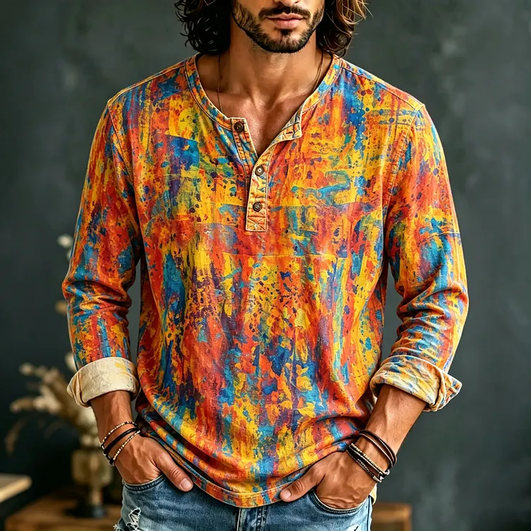 Men's Retro Hippie Art Print Casual Henley Collar T-shirt